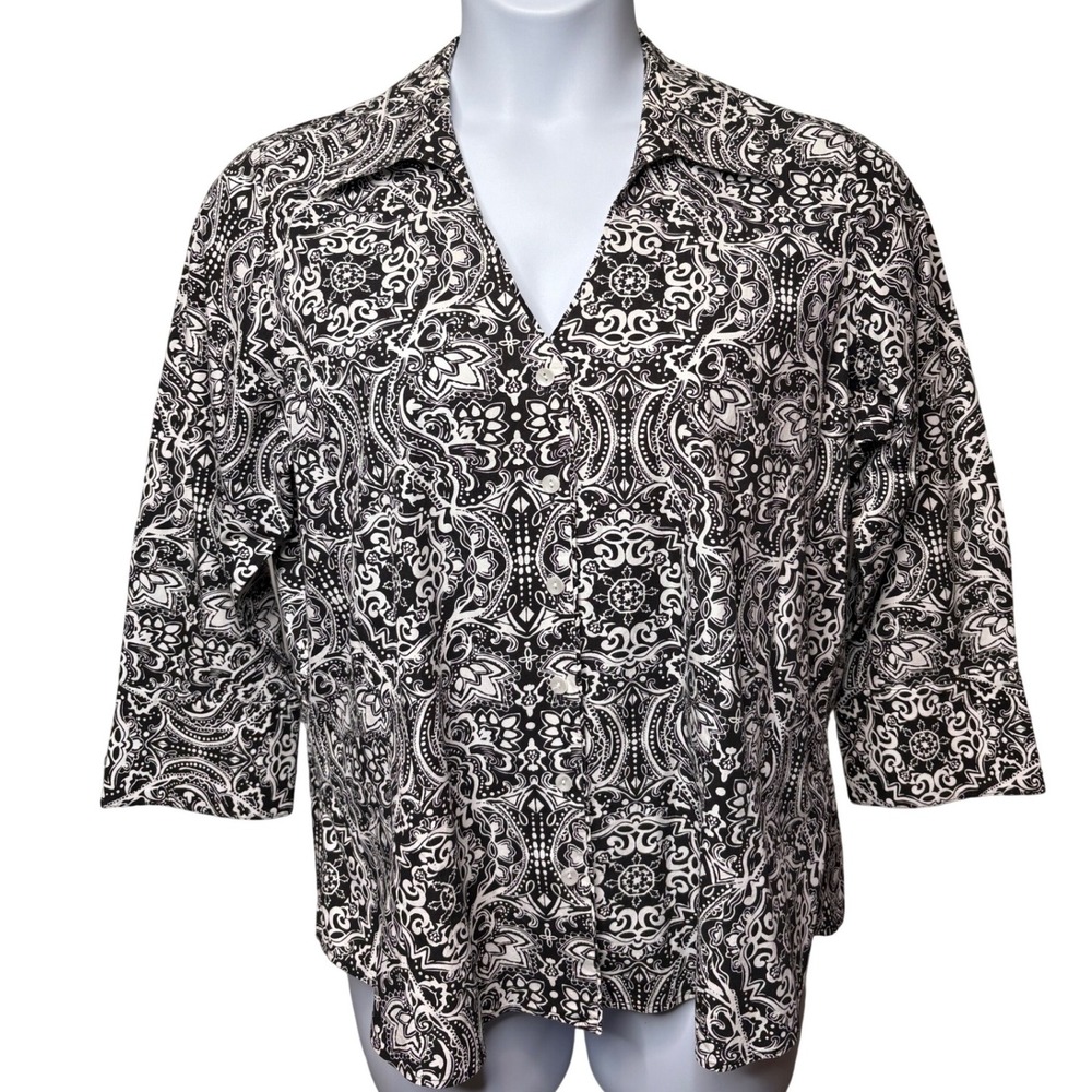 COLDWATER CREEK Womens Black Paisley Button Front Shirt 1X Ornate Career Casual